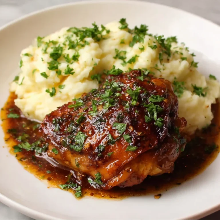 slow cooker honey garlic chicken on a plate with garnish