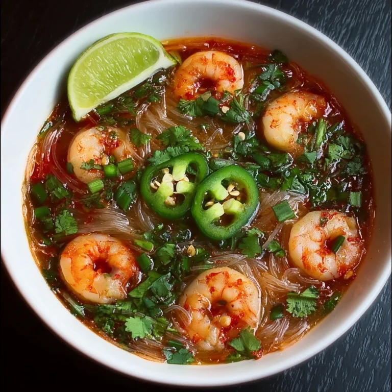 spicy shrimp rice noodle soup on a plate with garnish