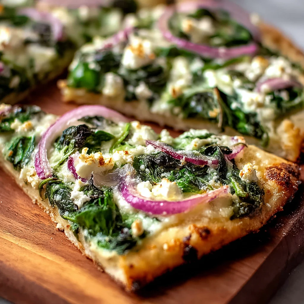 spinach and feta flatbread pizza on a plate with garnish