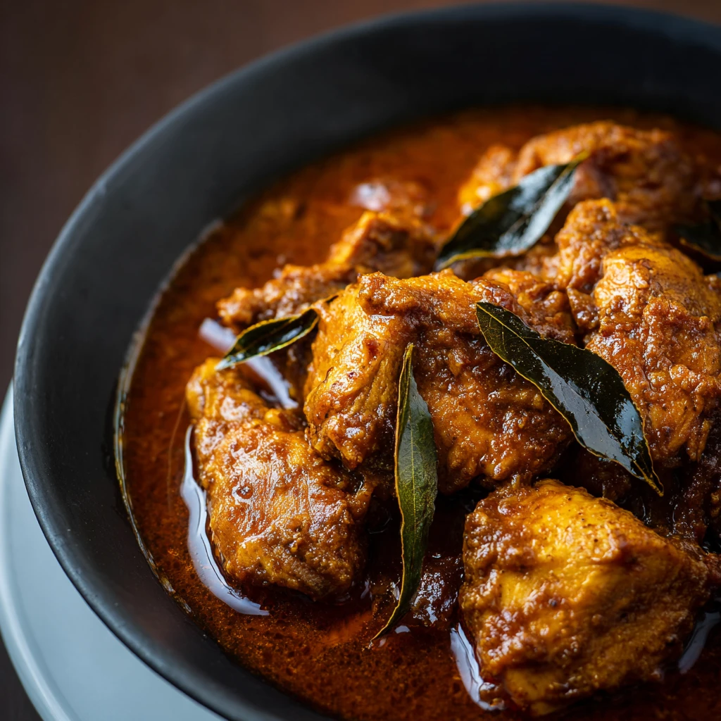 Sri Lankan chicken curry with coconut milk and curry leaves in a dark bowl with rice