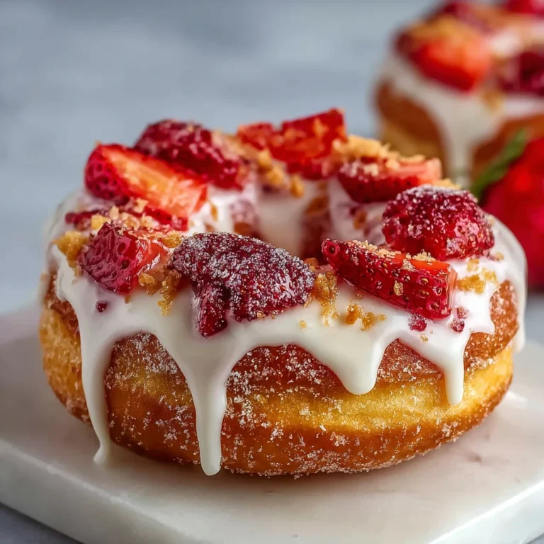 strawberry cheesecake donuts on a plate with garnish