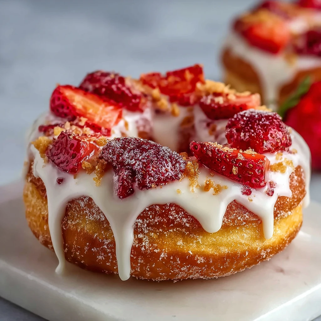 strawberry cheesecake donuts on a plate with garnish