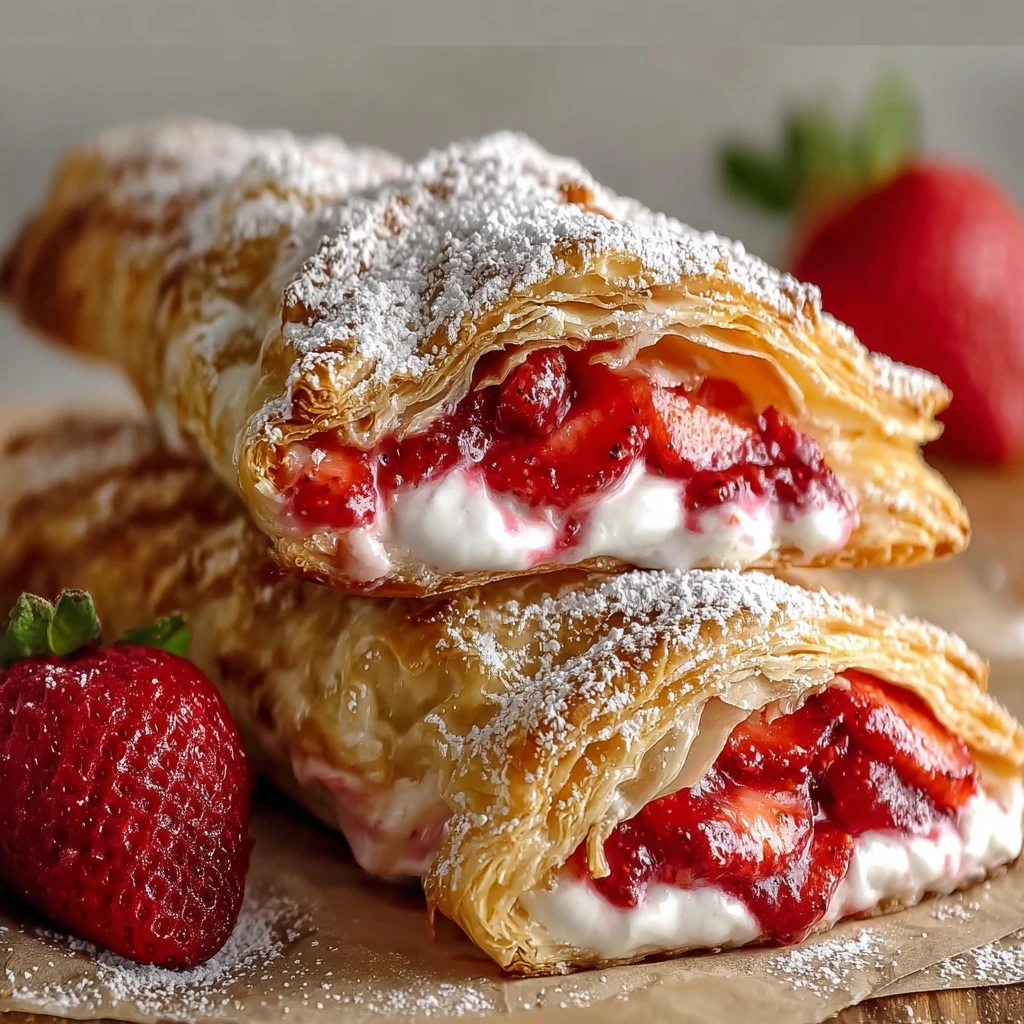 flaky strawberry cheesecake turnovers dusted with powdered sugar on a plate