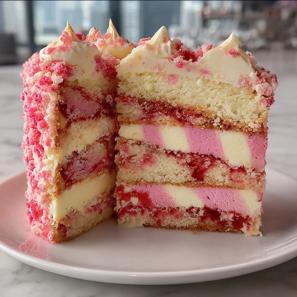 layered strawberry crunch cheesecake cake with pink frosting and crumble topping