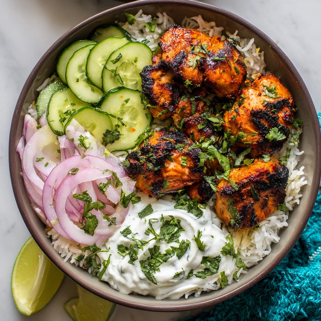 tandoori chicken bowl with basmati rice cucumber raita and naan on a white plate