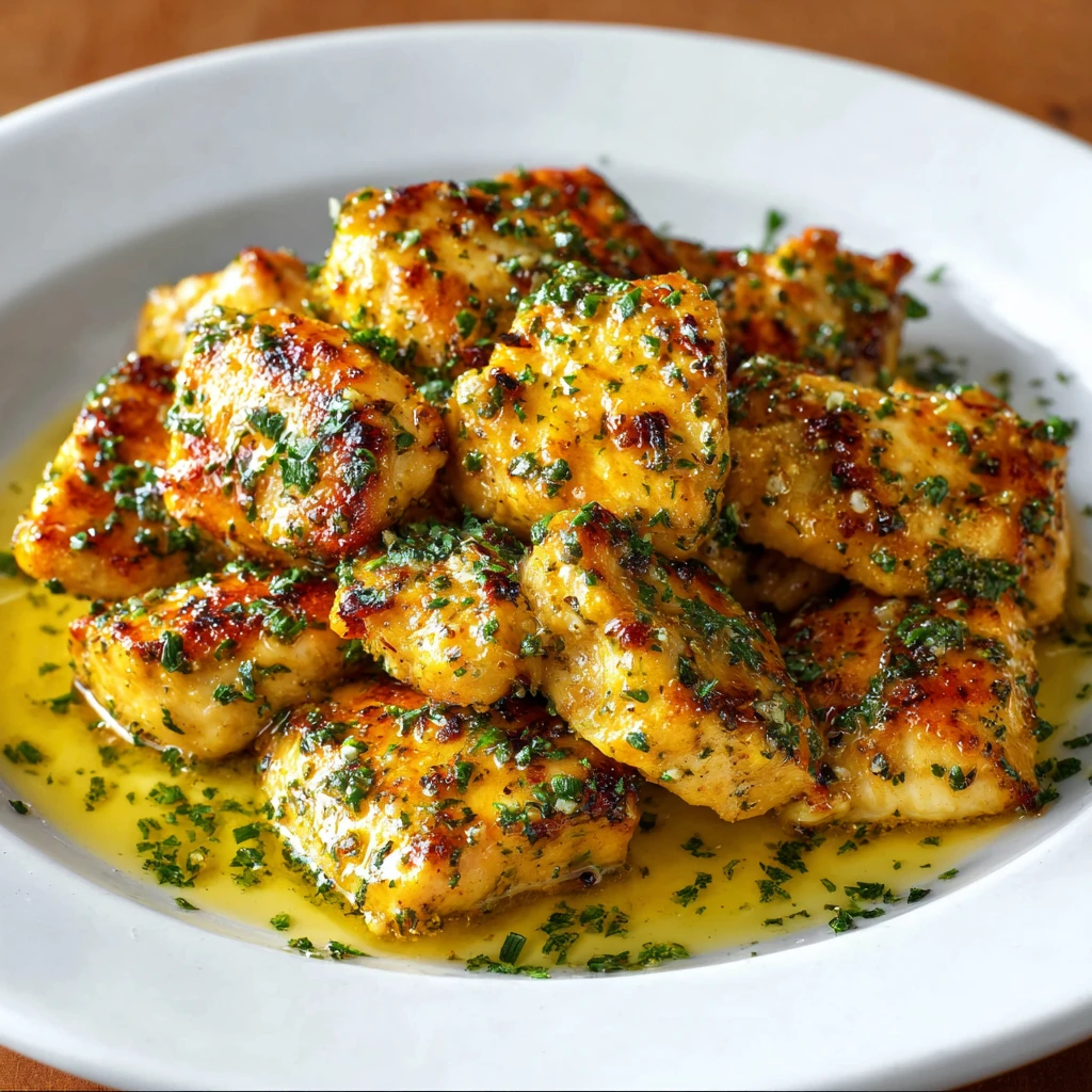 Texas Roadhouse garlic butter chicken in a skillet with rich butter sauce and fresh herbs
