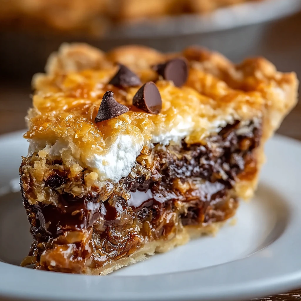 Texas trash pie slice with chocolate chips coconut and pecans on a white plate
