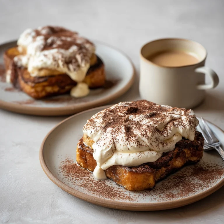 tiramisu french toast with coffee anglaise on a plate with garnish