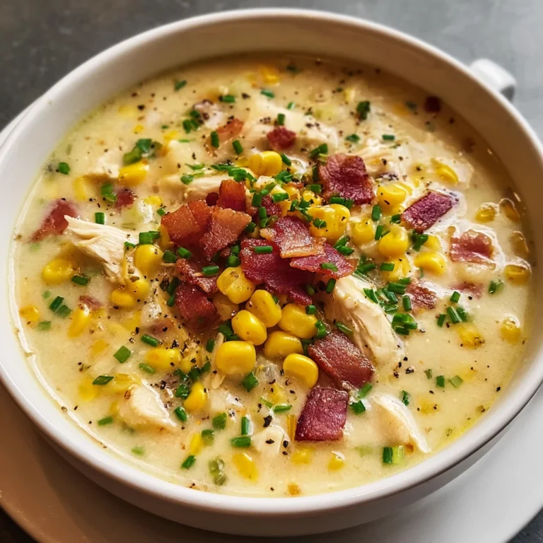 creamy chicken corn chowder in a bowl with bacon crumbles and fresh herbs