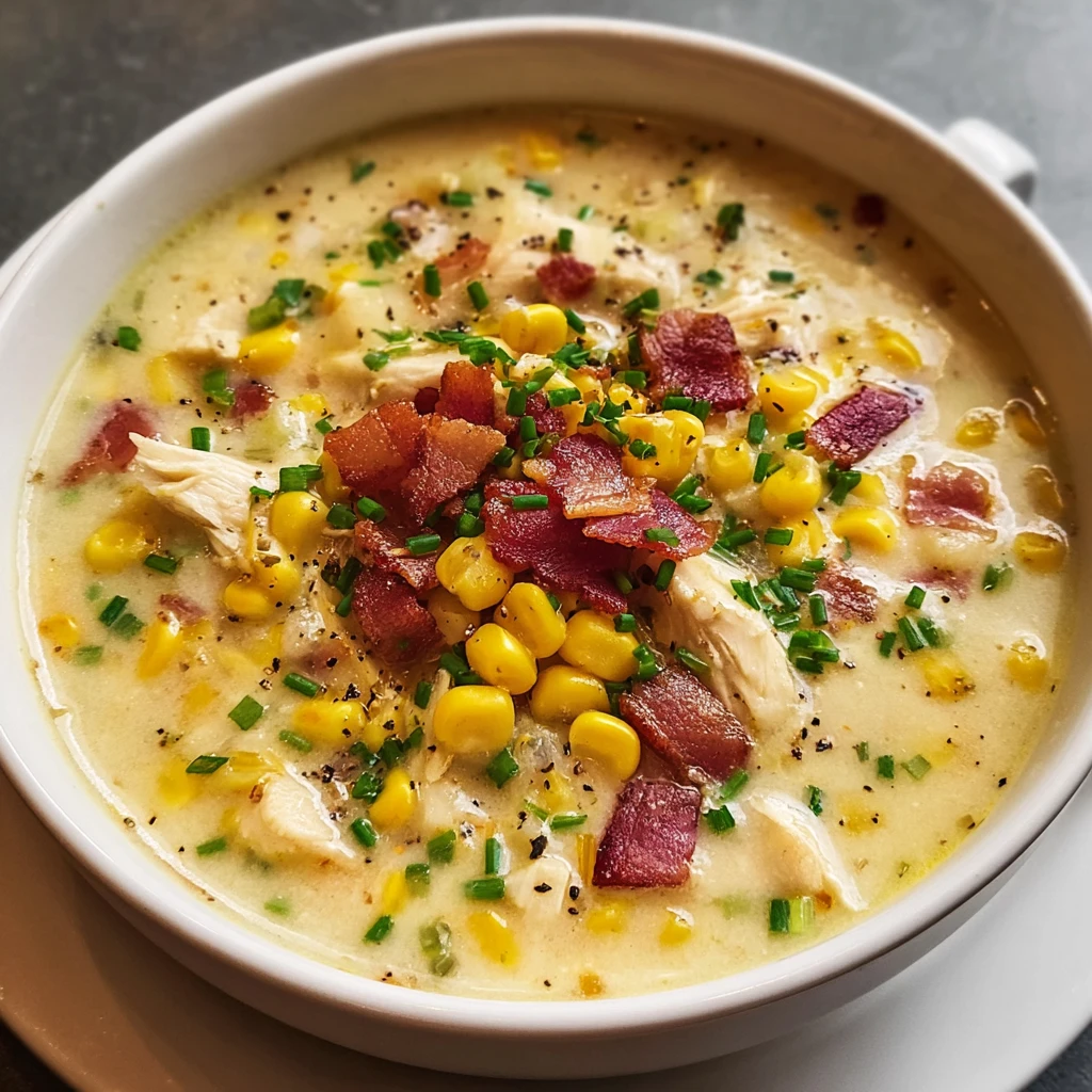 creamy chicken corn chowder in a bowl with bacon crumbles and fresh herbs