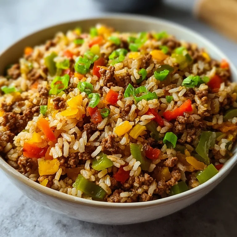 quick dirty rice with ground beef on a plate with garnish