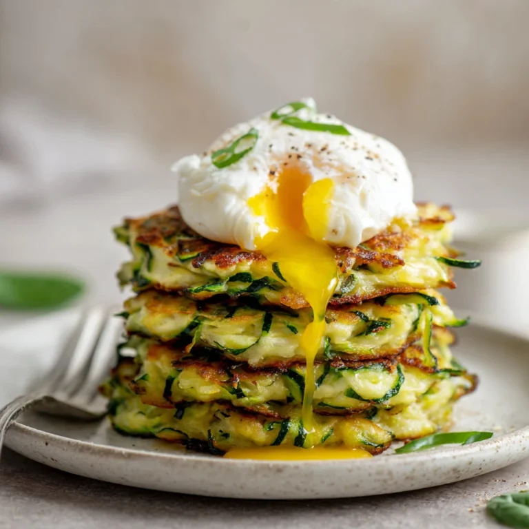 zucchini feta fritters + poached eggs on a plate with garnish