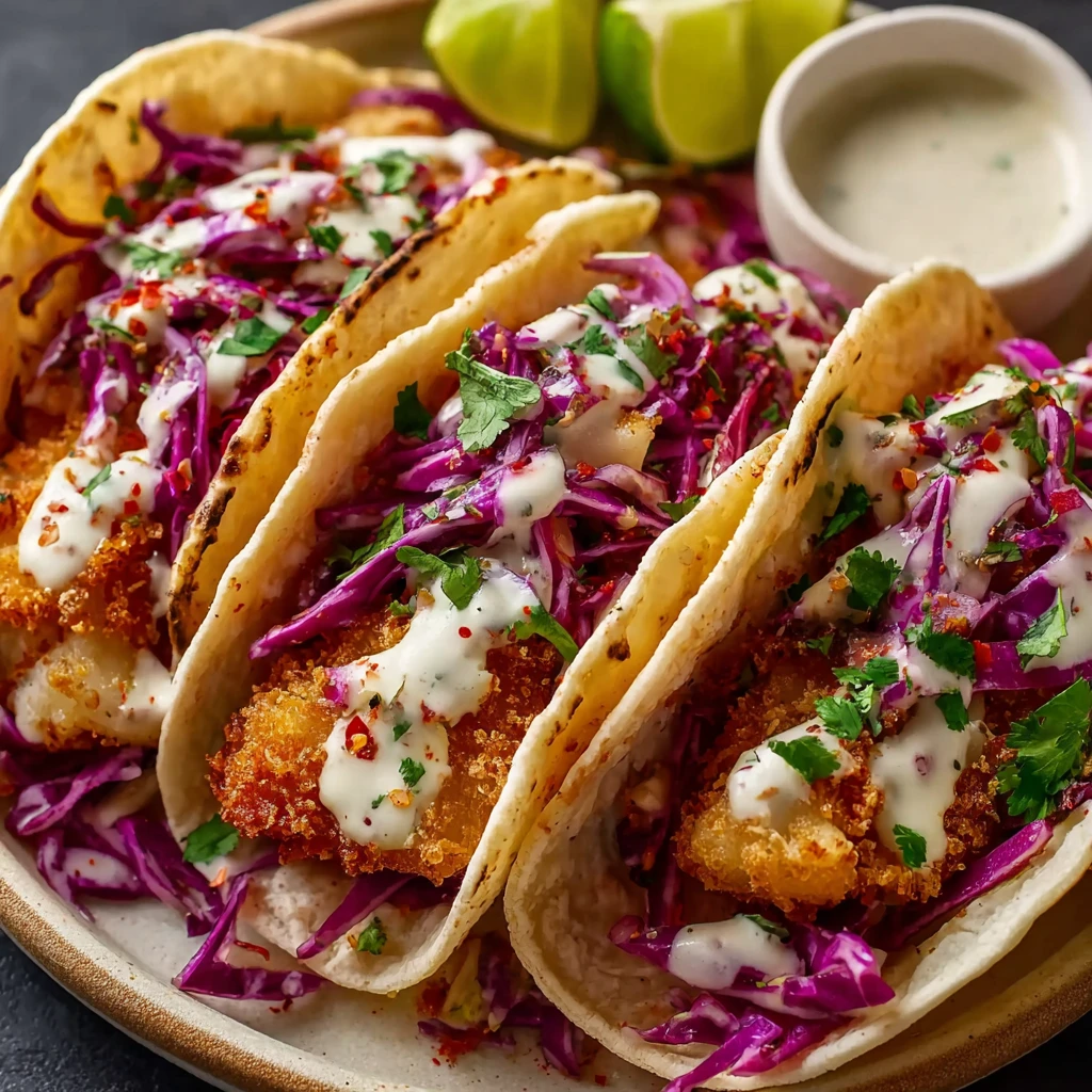 Crispy air fryer fish tacos with cilantro lime slaw on a wooden plate