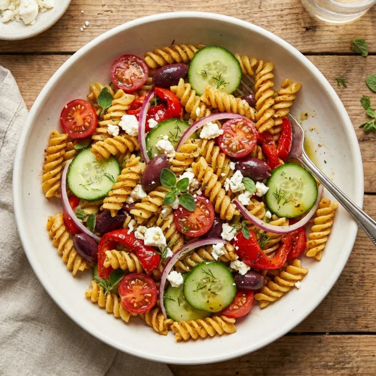 Greek pasta salad with feta cheese and kalamata olives