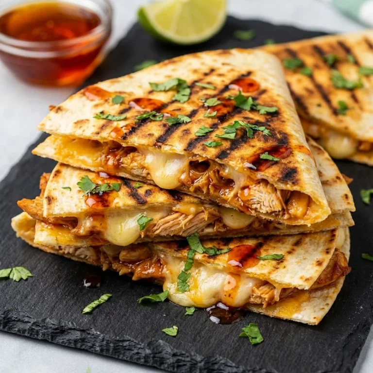 crispy hot honey chicken quesadillas with melted cheese and spicy honey drizzle on a cutting board