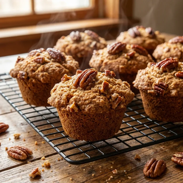 pecan pie brown sugar muffins with crispy caramelized tops and toasted pecans on a cooling rack