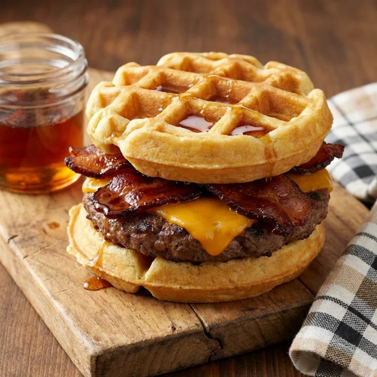 maple bacon waffle burger with melted cheese and crispy glazed bacon on golden waffles