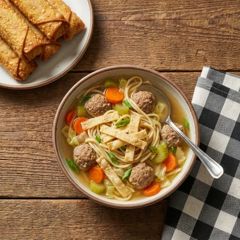 egg roll soup with ground pork cabbage and carrots in a white bowl topped with green onions