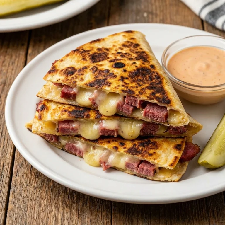 corned beef reuben quesadillas with melted Swiss cheese and sauerkraut on a cutting board