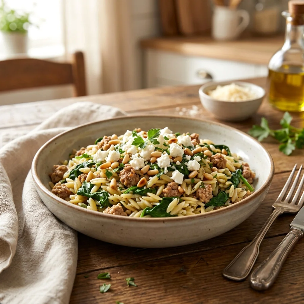 Easy Ground Turkey Spinach Orzo