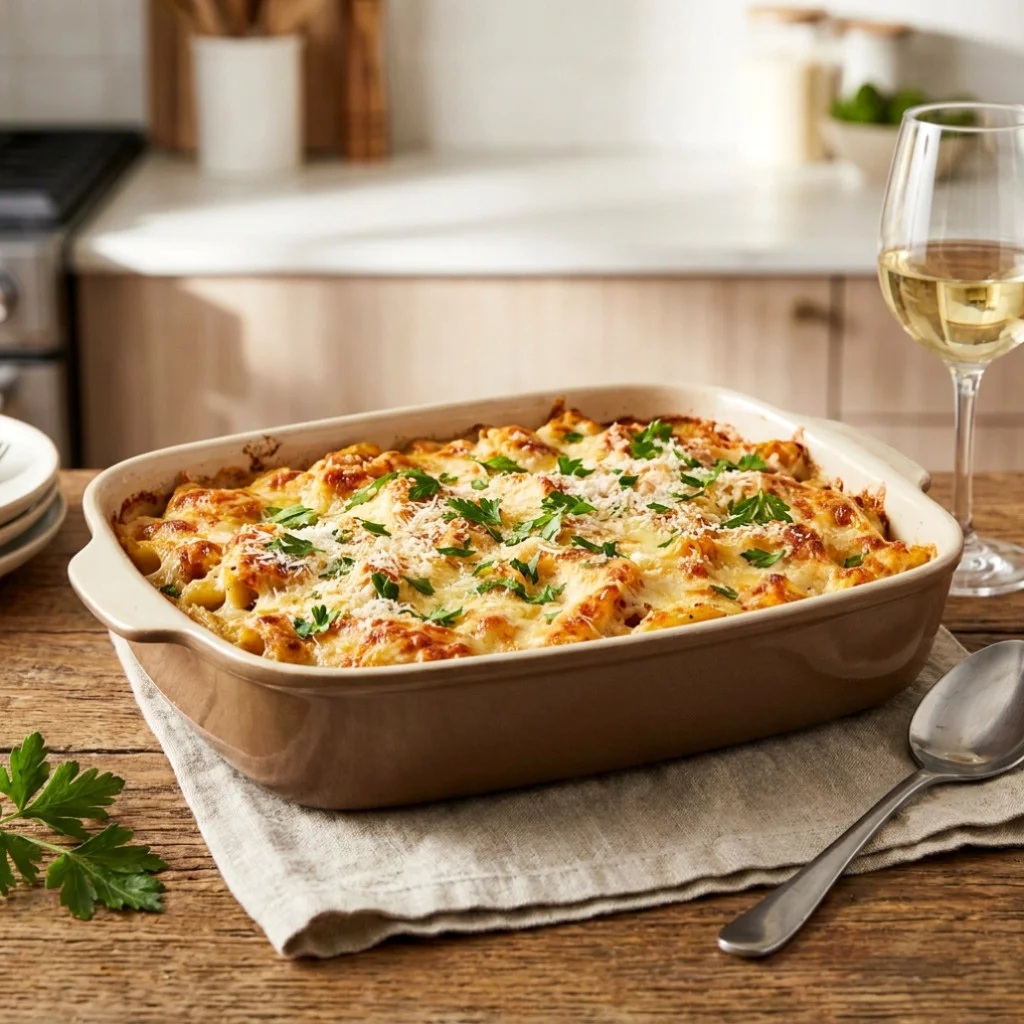 Garlic Parmesan Chicken Pasta Bake