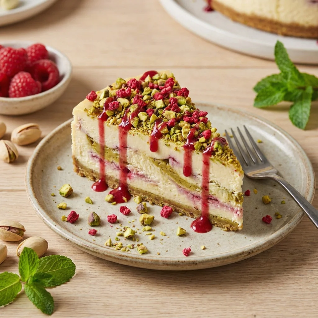 Pistachio Raspberry Crunch Cheesecake
